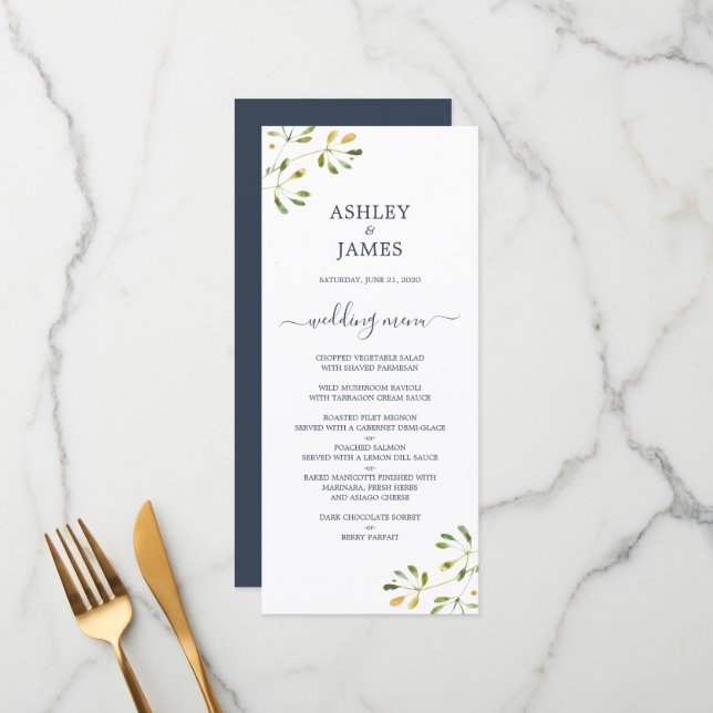 Chic Eucalyptus Foliage Dark Blue White Wedding Menu (Front/Back In Situ)