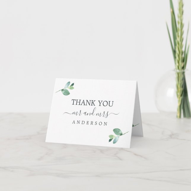 Chic Eucalyptus Foliage Minimal Wedding Photo Thank You Card (Front)