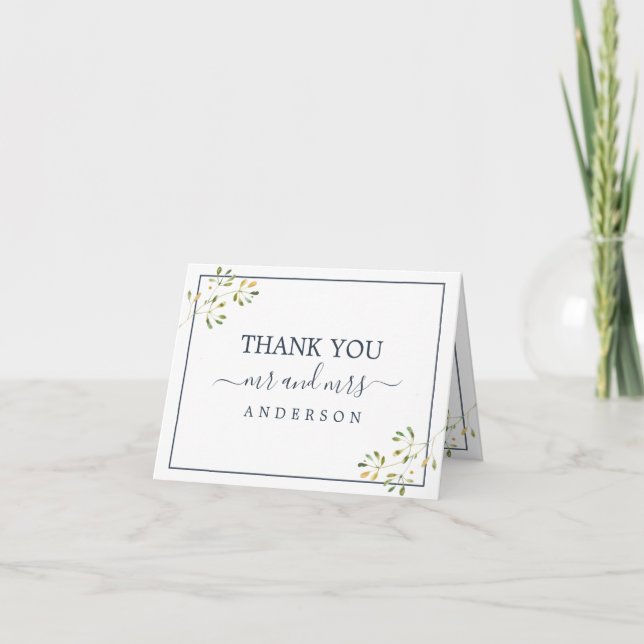 Chic Eucalyptus Foliage Navy Blue Wedding Photo Thank You Card (Front)