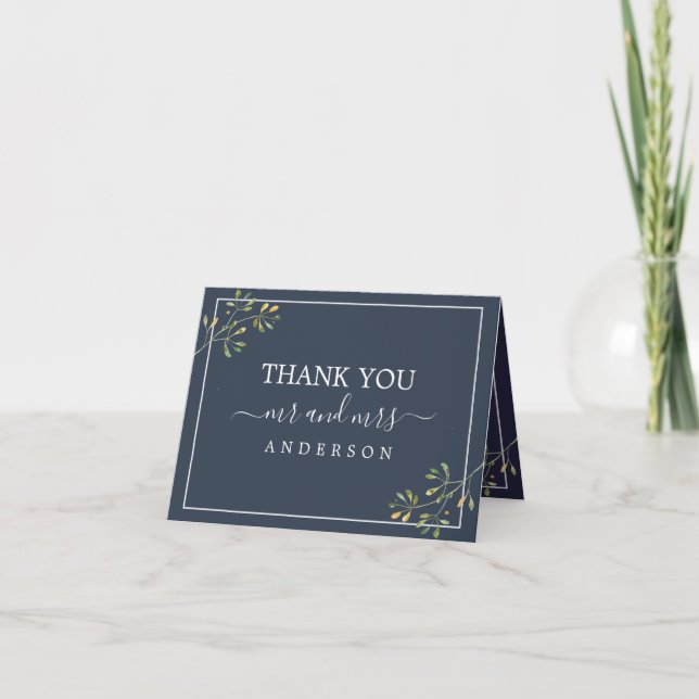 Chic Eucalyptus Foliage Navy Blue Wedding Photo Thank You Card (Front)