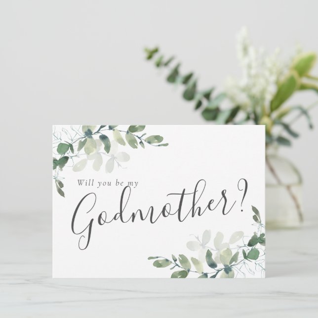 Chic Eucalyptus Godmother Proposal Card (Standing Front)