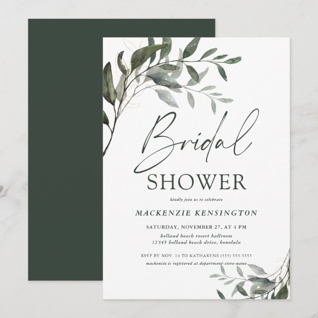 Chic Eucalyptus Gold Elegant Bridal Shower Invitation (Front/Back)