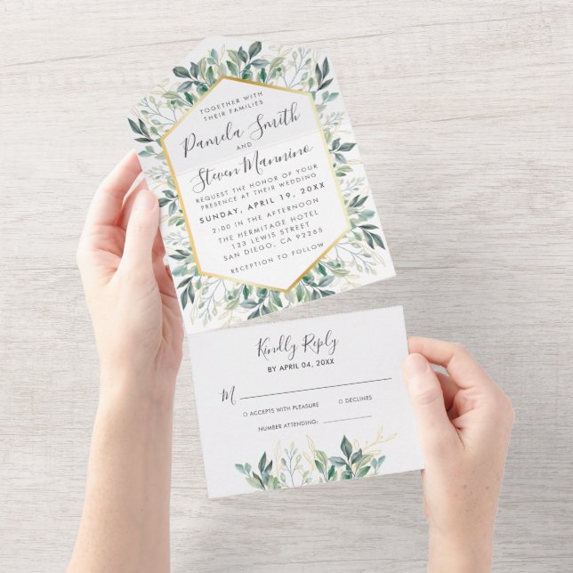 Chic Eucalyptus Gold Frame Wedding with RSVP All In One Invitation (Tearaway)