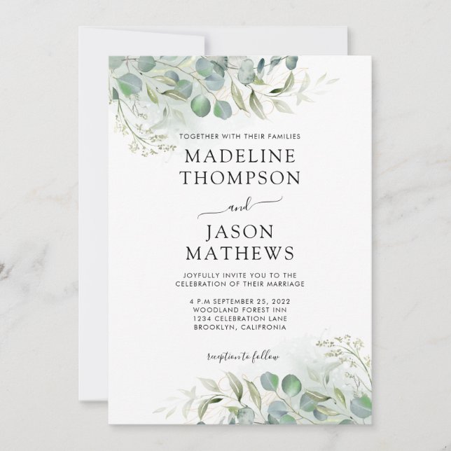Chic Eucalyptus Gold Greenery Photo Wedding Invitation (Front)