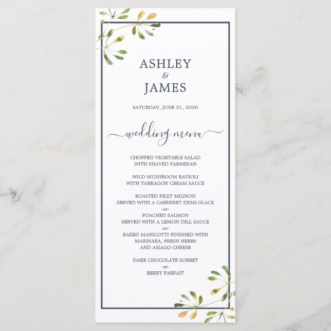 Chic Eucalyptus Green Navy Blue Botanical Wedding Menu (Front)