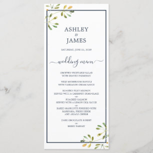 Chic Eucalyptus Green Navy Blue Botanical Wedding Menu