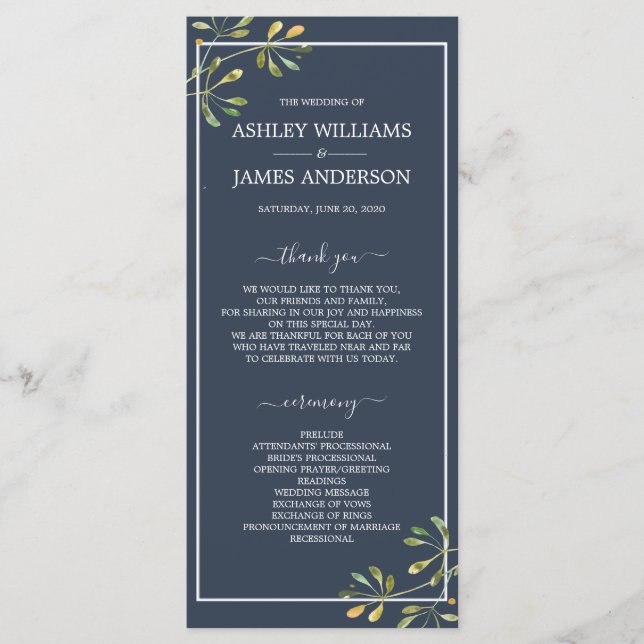 Chic Eucalyptus Green Navy Blue Botanical Wedding Programme (Front)