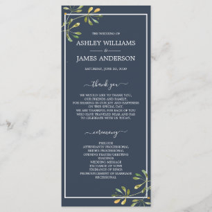 Chic Eucalyptus Green Navy Blue Botanical Wedding Programme