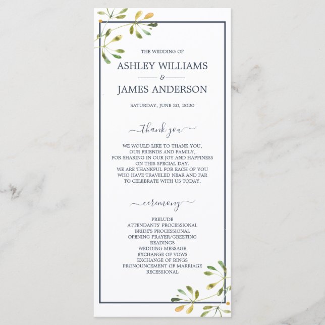 Chic Eucalyptus Green Navy Blue Botanical Wedding Programme (Front)