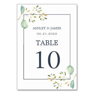 Chic Eucalyptus Green Navy Blue Botanical Wedding Table Number