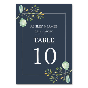 Chic Eucalyptus Green Navy Blue Botanical Wedding Table Number
