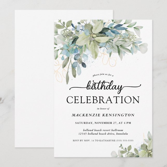 Chic Eucalyptus Greenery Birthday Celebration Invitation (Front/Back)