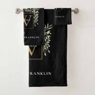 Chic Eucalyptus Greenery Black Gold Monogram Bath Towel Set