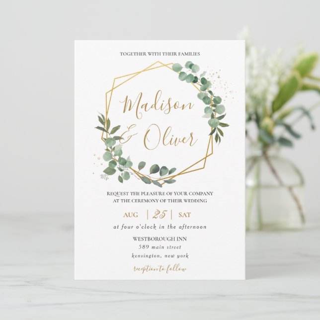 Chic Eucalyptus Greenery Gold Geometric Wedding Invitation (Standing Front)