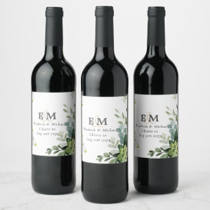 Chic Eucalyptus Greenery Leaves Emerald Wedding Wine Label