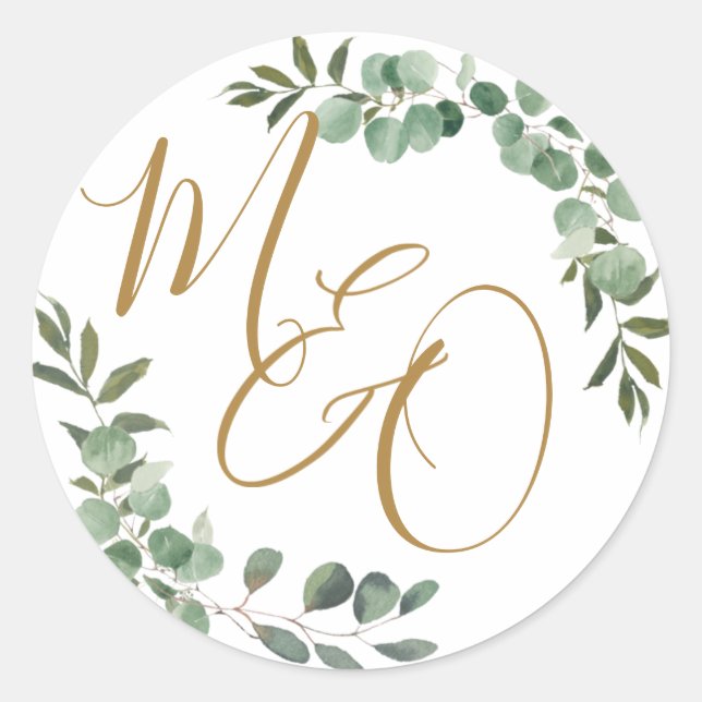 Chic Eucalyptus Greenery Wedding Initials Favour   Classic Round Sticker (Front)