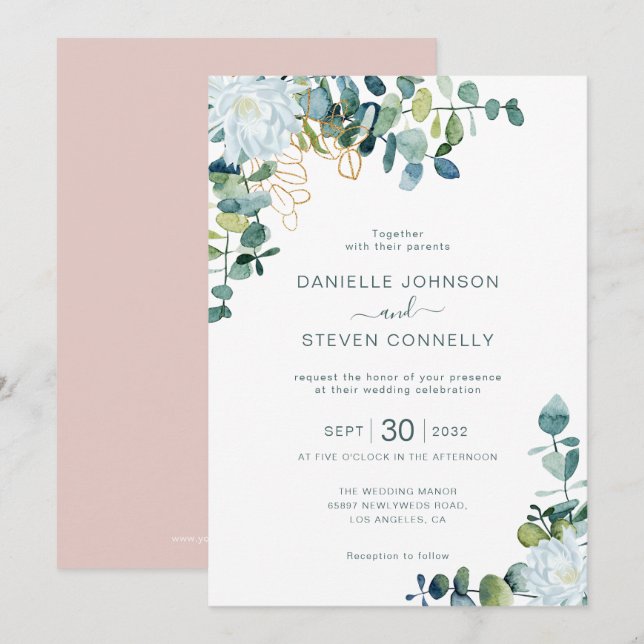 Chic eucalyptus greenery white flowers wedding invitation (Front/Back)
