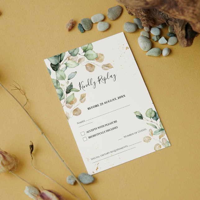 Chic Eucalyptus Leaves with Gold Accents Wedding RSVP Card (Creator Uploaded)