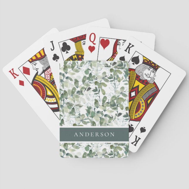 Chic Eucalyptus Monogram Name  Playing Cards (Back)