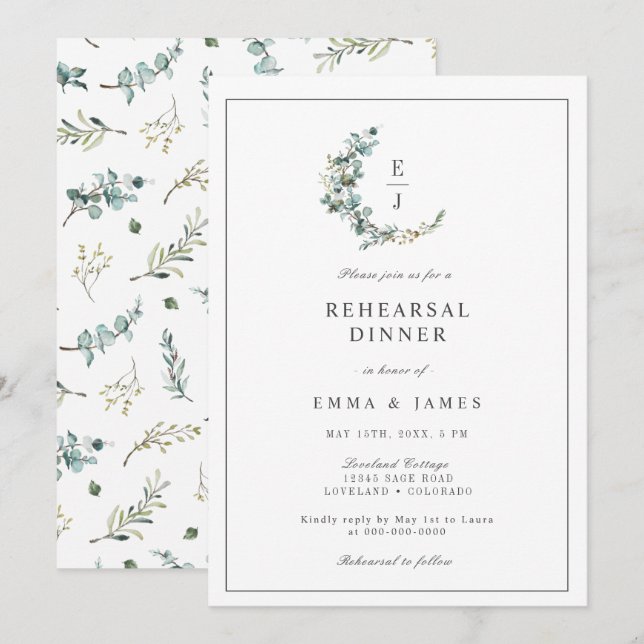 Chic Eucalyptus Monogram Wreath Rehearsal Dinner I Invitation (Front/Back)