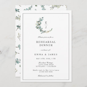 Chic Eucalyptus Monogram Wreath Rehearsal Dinner I Invitation