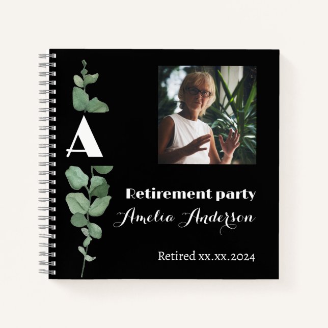 Chic eucalyptus photo retirement black guest book (Front)