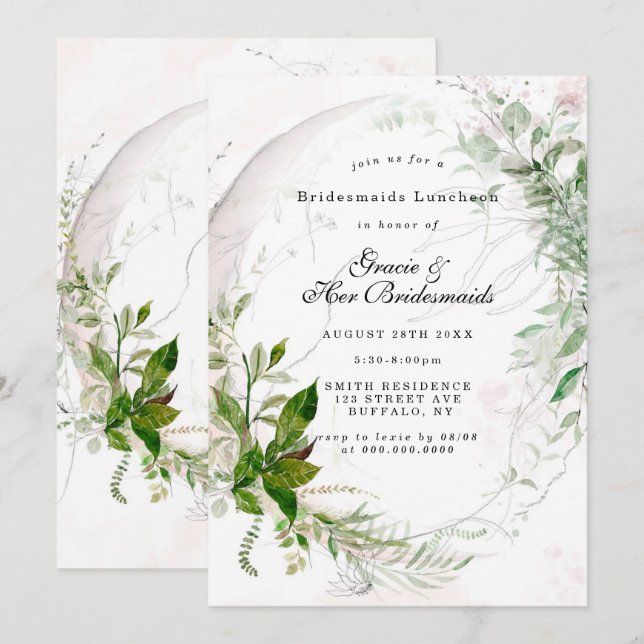 Chic Eucalyptus Pink Bridesmaids Luncheon Invites (Front/Back)