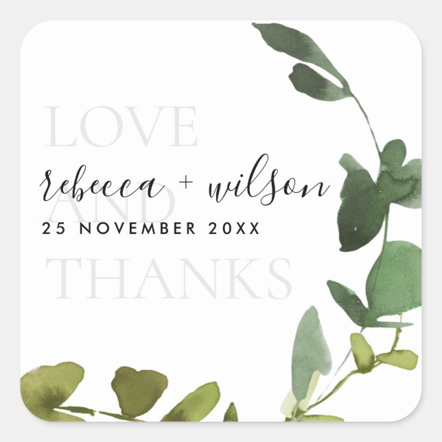 CHIC EUCALYPTUS WATERCOLOR LOVE AND THANKS WEDDING SQUARE STICKER (Front)