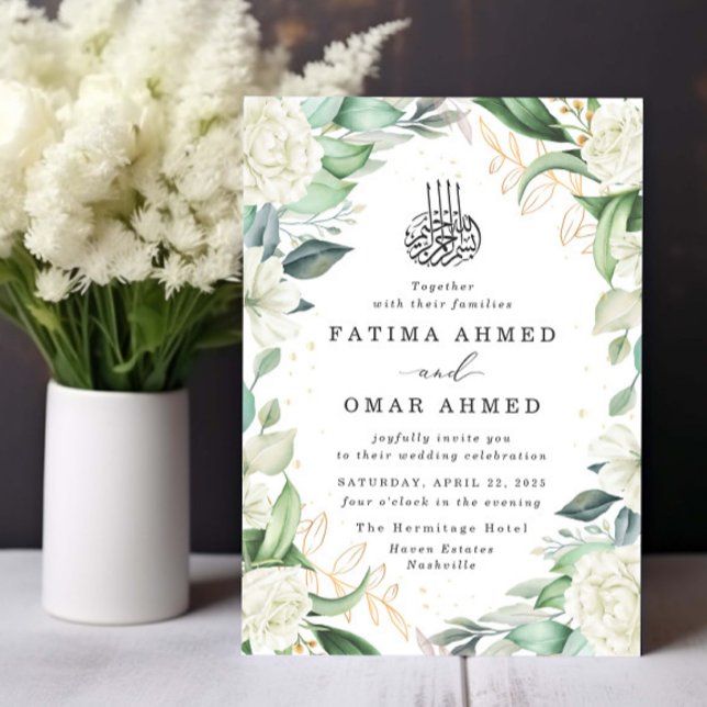 Chic Eucalyptus White Roses Islamic Muslim Wedding Invitation (Creator Uploaded)
