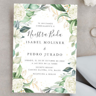 Chic Eucalyptus White Roses Nuestra Boda Wedding Invitation