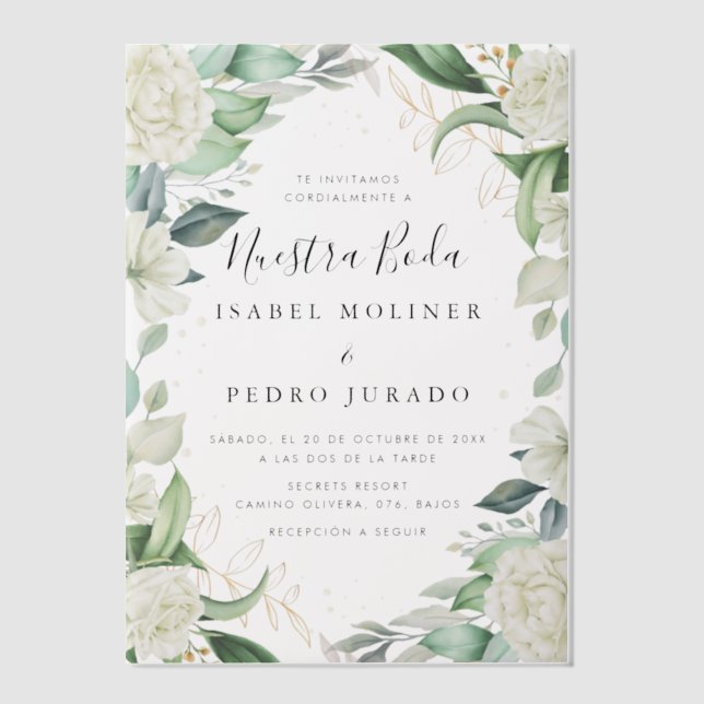 Chic Eucalyptus White Roses Nuestra Boda Wedding Vellum Invitations (Front)
