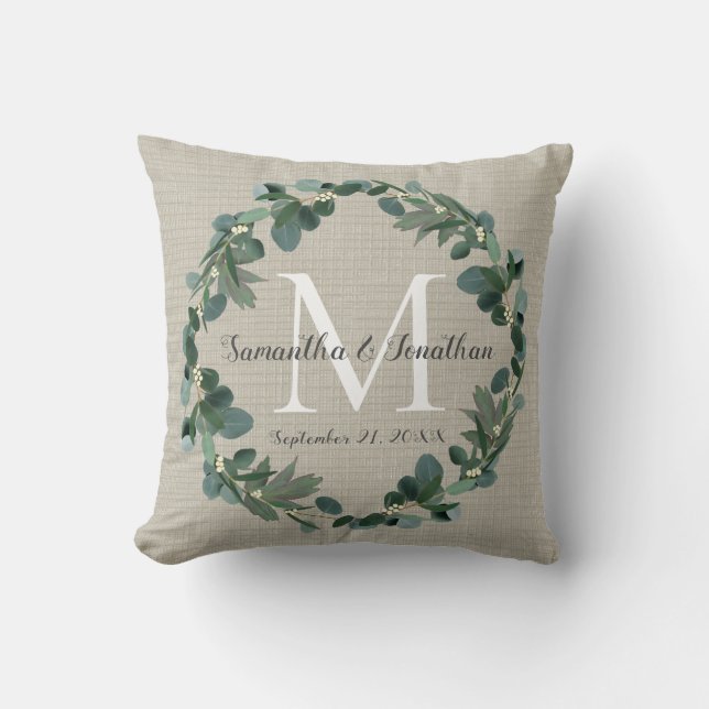 Chic Eucalyptus Wreath Monogram Wedding Keepsake Cushion (Front)