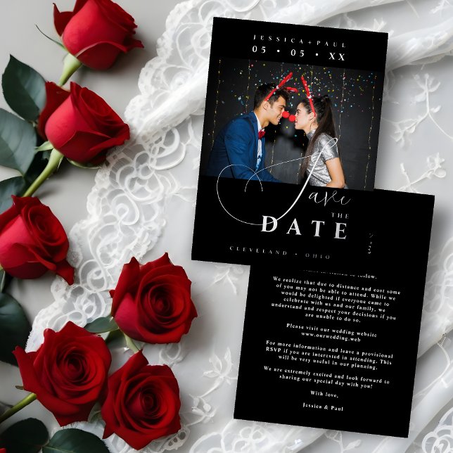Chic Exquisite Script Photo Christmas Silver (Cherish Exquisite Script Photo Christmas Couple Real Silver Metallic Foil Wedding Black Save Date.)