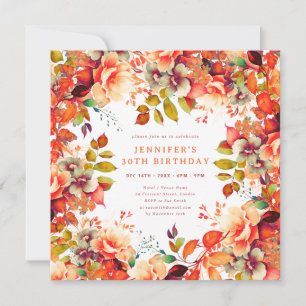 Chic Fall Autumn Watercolor Floral 30th Birthday  Invitation