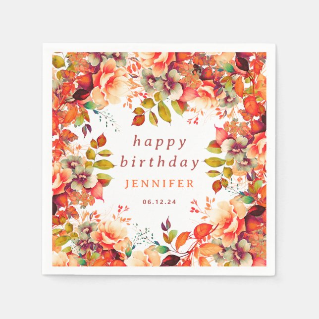 Chic Fall Autumn Watercolor Floral Happy Birthday  Napkin (Front)