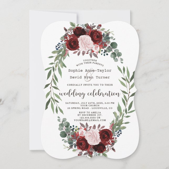 Chic Fall Burgundy Marsala Floral Wreath Wedding Invitation (Front)