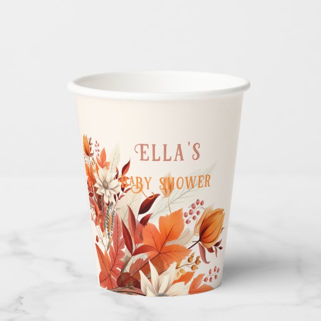 chic fall floral leaves baby shower  paper cups (Front)