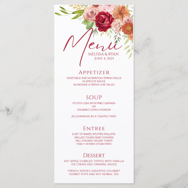 Chic Fall in Love Marsala Party Menu Template (Front)