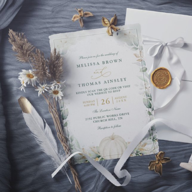 Chic Fall in Love Pumpkin Greenery QR Code Wedding Invitation (Creator Uploaded)