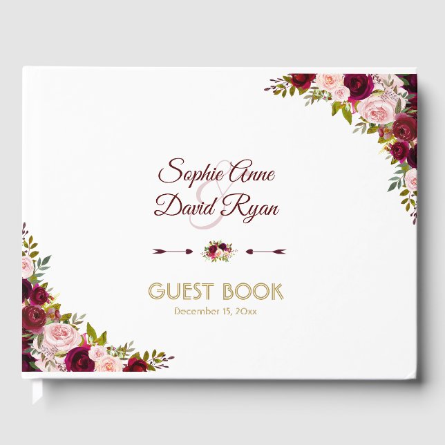 Chic Fall Marsala Floral Burgundy Wedding Guest Book (Front)