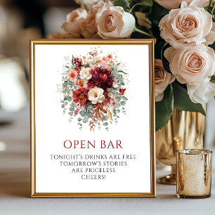 Chic Fall Marsala Floral Open Bar Tabletop Sign