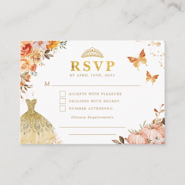 Chic Fall Pumpkin Orange Floral Quinceanera RSVP Enclosure Card (Front)