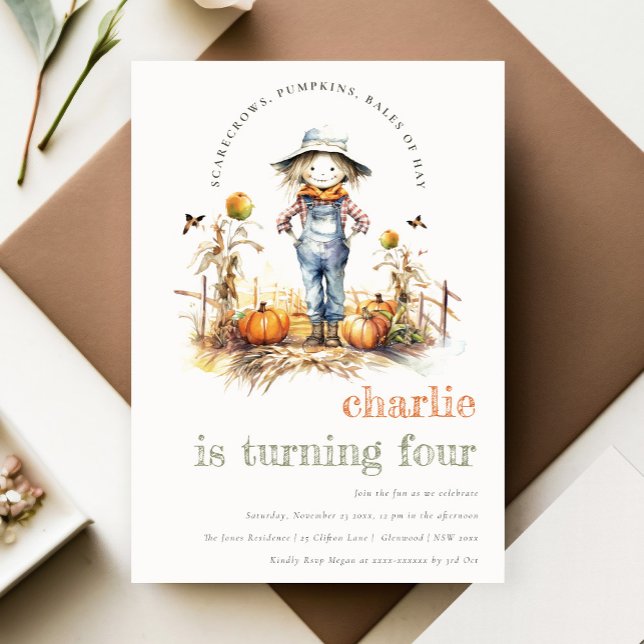 Chic Fall Pumpkin Scarecrow Harvest Kids Birthday Invitation (Creator Uploaded)