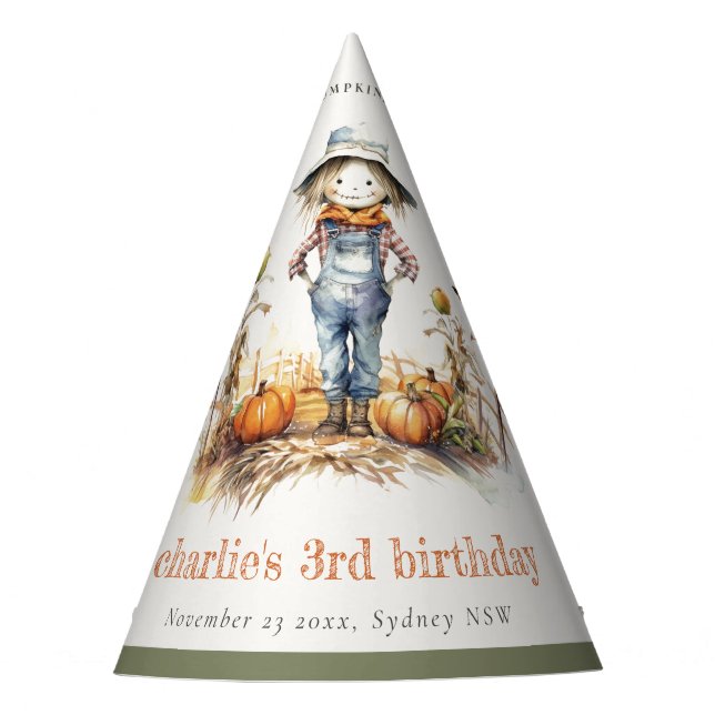Chic Fall Pumpkin Scarecrow Harvest Kids Birthday Party Hat (Front)