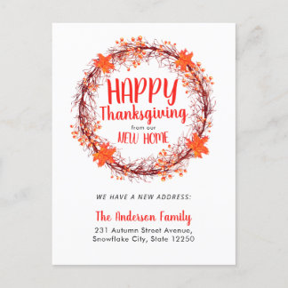 Chic Fall Wreath Happy Thanksgiving Holiday Moving Announcement Postcard