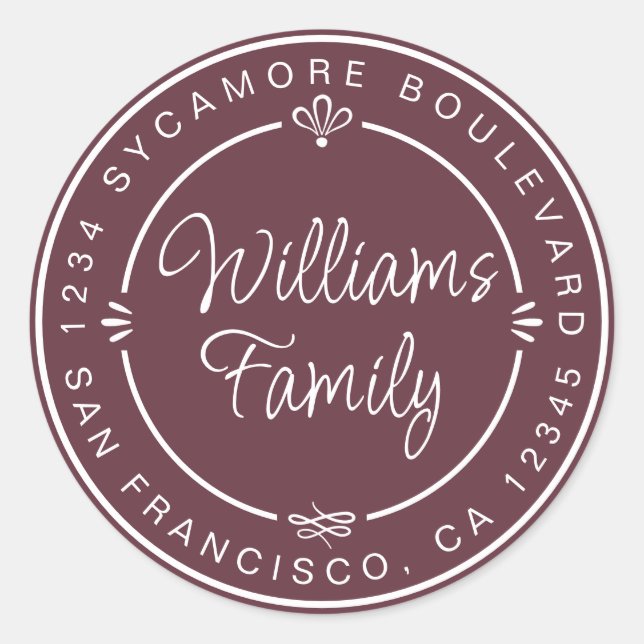 Chic Family Monogram Return Address Burgundy Classic Round Sticker (Front)
