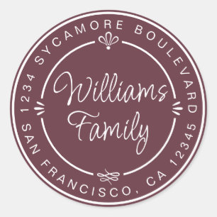 Chic Family Monogram Return Address Burgundy Classic Round Sticker