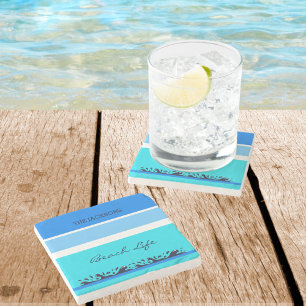 Chic Family Name Blue Stripes Ocean Beach House Stone Coaster