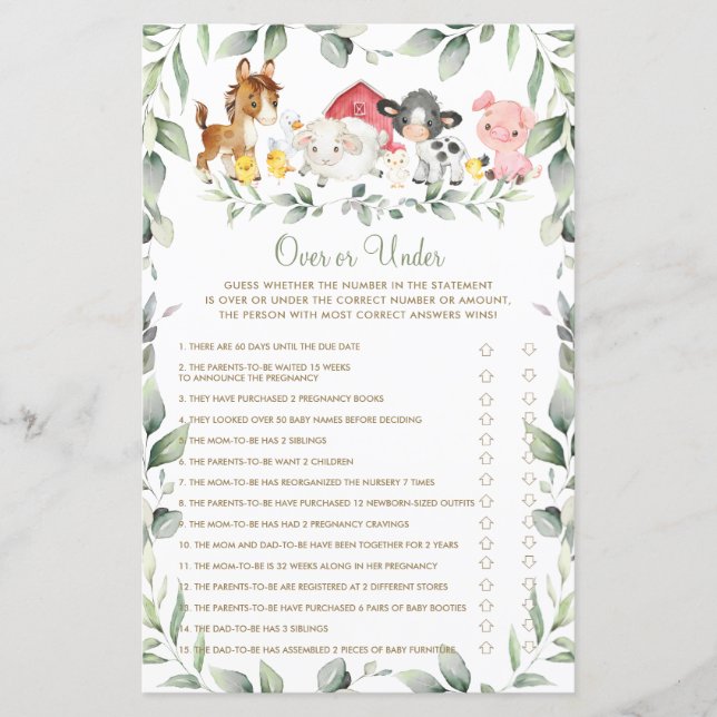 Chic Farm Animals Baby Shower Over or Under Game (Front)