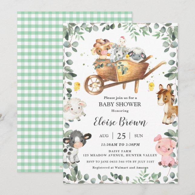 Chic Farm Animals Barnyard Greenery Baby Shower  I Invitation (Front/Back)
